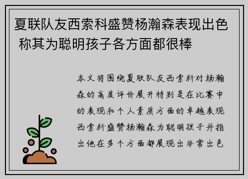 夏联队友西索科盛赞杨瀚森表现出色 称其为聪明孩子各方面都很棒